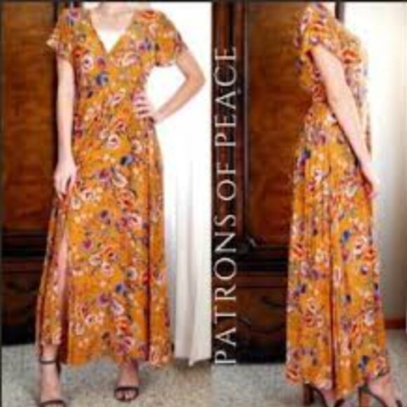 Patrons of Peace Dresses & Skirts - PATRONS OF PEACE Floral Crepe Faux Wrap Maxi Dress in Burnt Orange Boho Size L